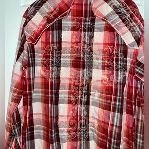 Men’s red plaid embroidered button shirt